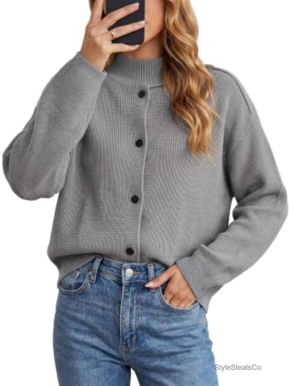 Chunky Cable Knit Cardigan Button Up Funnel Neck Sweater
